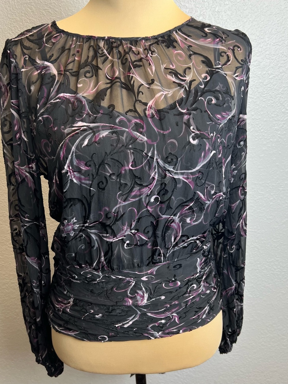 White House Black Market Black Sheer Long-Sleeve Blouse with Purple Swirl